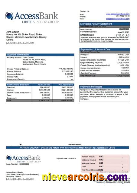 Liberia AccessBank Liberia mortgage statement Word and PDF template